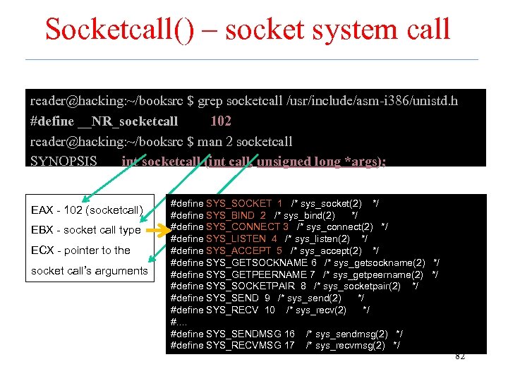 Socketcall() – socket system call reader@hacking: ~/booksrc $ grep socketcall /usr/include/asm-i 386/unistd. h #define