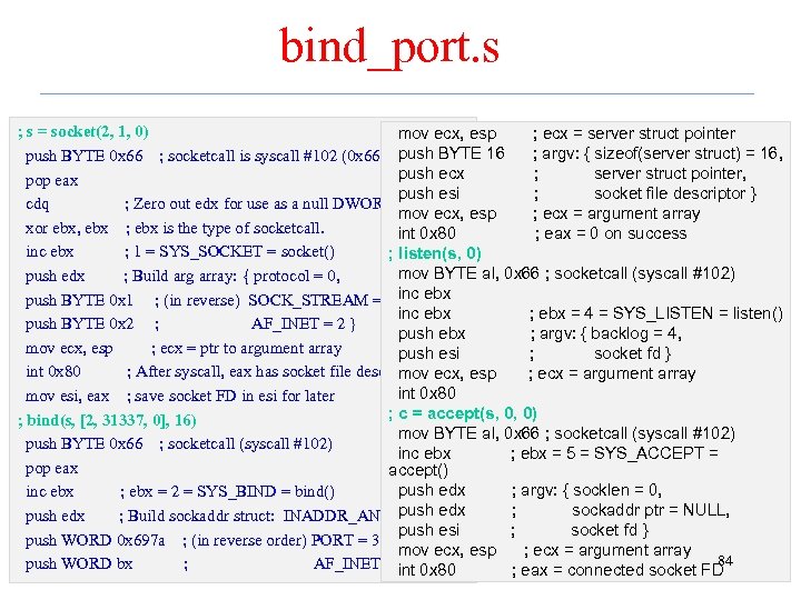 bind_port. s ; s = socket(2, 1, 0) mov ecx, esp ; ecx =