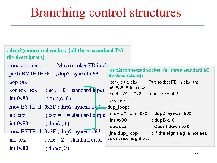 Branching control structures ; dup 2(connected socket, {all three standard I/O file descriptors}) mov