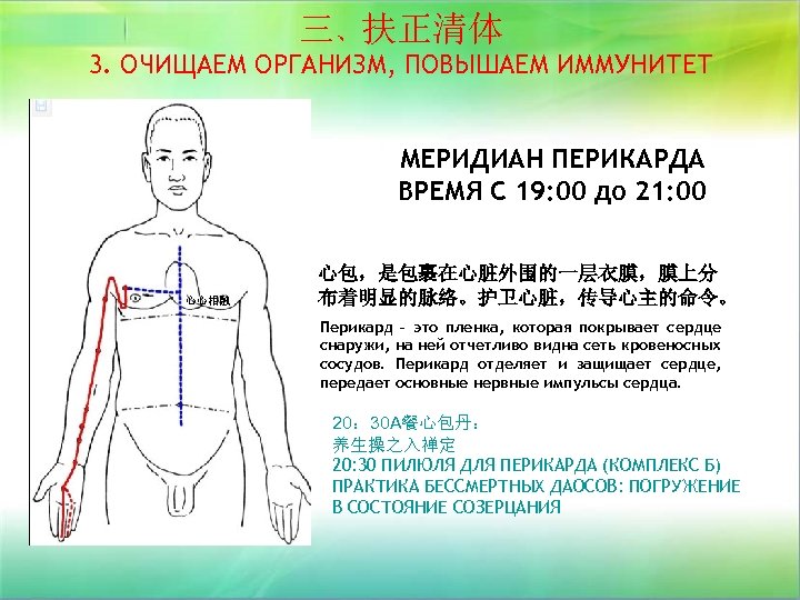 三、扶正清体 3. ОЧИЩАЕМ ОРГАНИЗМ, ПОВЫШАЕМ ИММУНИТЕТ МЕРИДИАН ПЕРИКАРДА ВРЕМЯ С 19: 00 до 21: