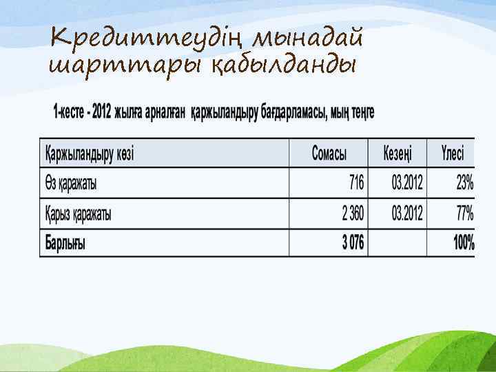 Кредиттеудің мынадай шарттары қабылданды 