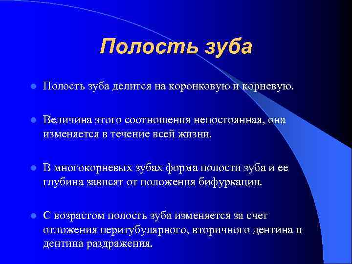 Полость зуба l Полость зуба делится на коронковую и корневую. l Величина этого соотношения