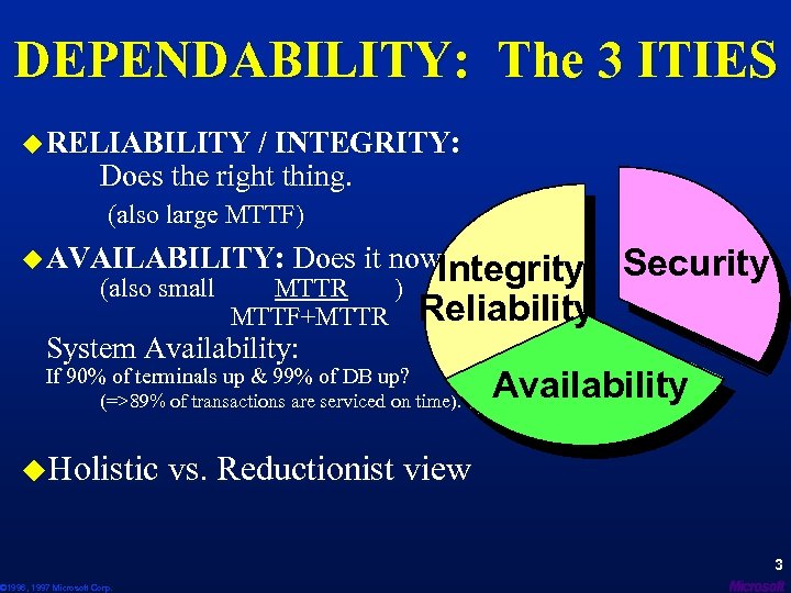 DEPENDABILITY: The 3 ITIES u RELIABILITY / INTEGRITY: Does the right thing. (also large