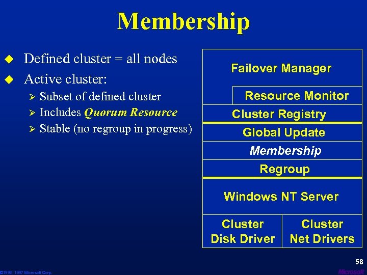 Membership u u Defined cluster = all nodes Active cluster: Ø Ø Ø Subset