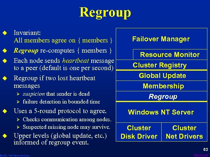 Regroup u u Invariant: All members agree on { members } Regroup re-computes {