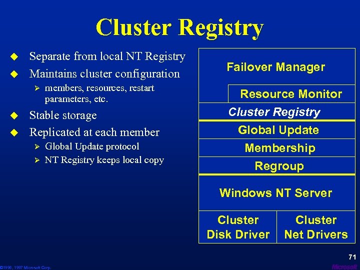 Cluster Registry u u Separate from local NT Registry Maintains cluster configuration Ø u