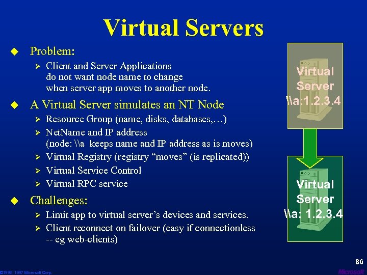 Virtual Servers u Problem: Ø u A Virtual Server simulates an NT Node Ø