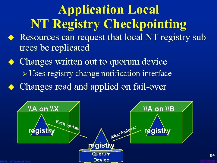 Application Local NT Registry Checkpointing u u Resources can request that local NT registry