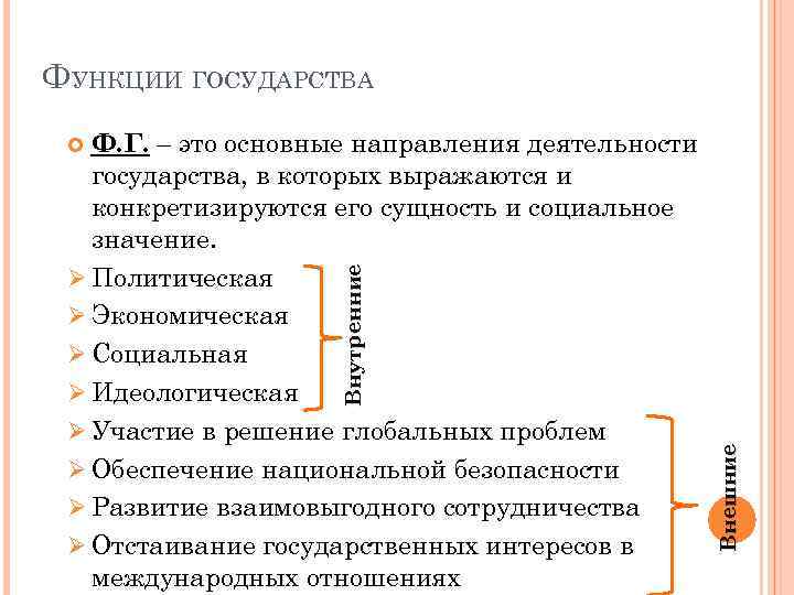 ФУНКЦИИ ГОСУДАРСТВА Ф. Г. – это основные направления деятельности государства, в которых выражаются и