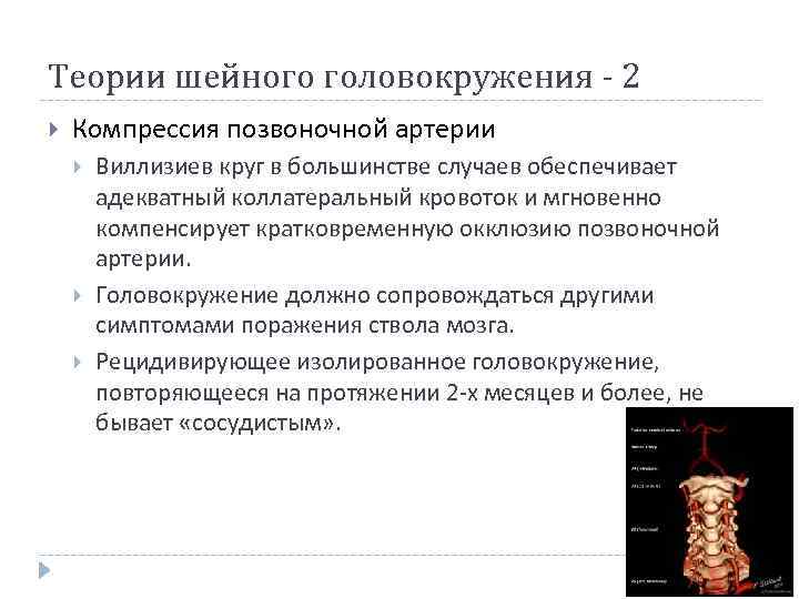 Теории шейного головокружения - 2 Компрессия позвоночной артерии Виллизиев круг в большинстве случаев обеспечивает