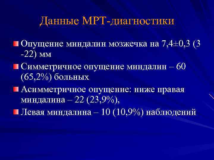 Данные МРТ-диагностики Опущение миндалин мозжечка на 7, 4± 0, 3 (3 -22) мм Симметричное