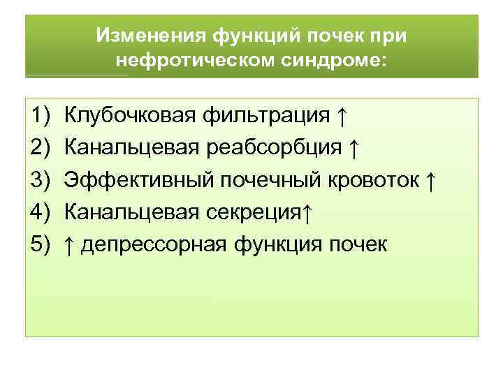 Изменения функций почек при нефротическом синдроме: 1) 2) 3) 4) 5) Клубочковая фильтрация ↑