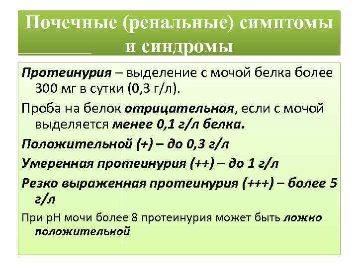 Почечные (ренальные) симптомы и синдромы Протеинурия – выделение с мочой белка более 300 мг