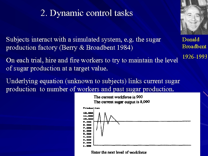 2. Dynamic control tasks 2. Subjects interact with a simulated system, e. g. the