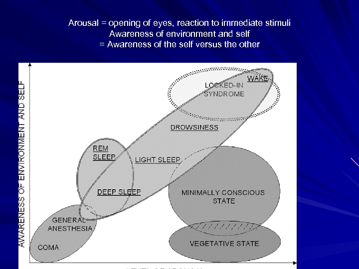 Arousal = opening of eyes, reaction to immediate stimuli Awareness of environment and self