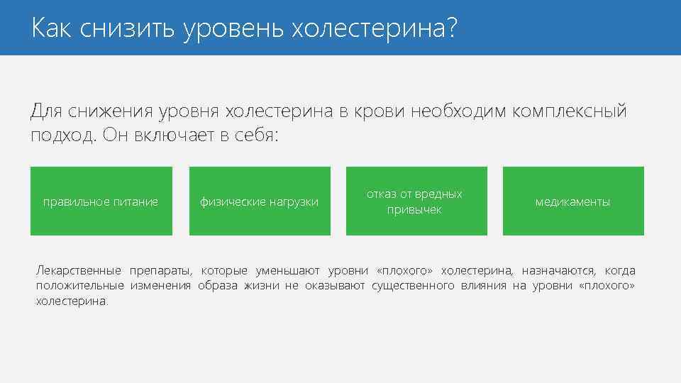 Как снизить уровень холестерина? Для снижения уровня холестерина в крови необходим комплексный подход. Он