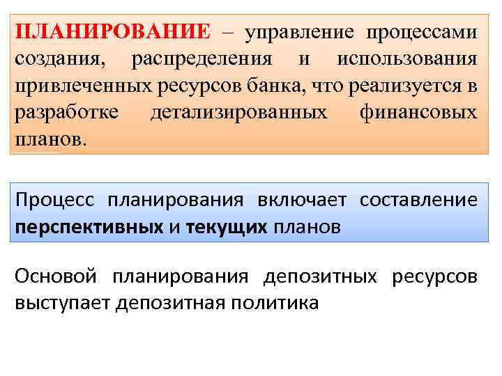 ПЛАНИРОВАНИЕ – управление процессами создания, распределения и использования привлеченных ресурсов банка, что реализуется в