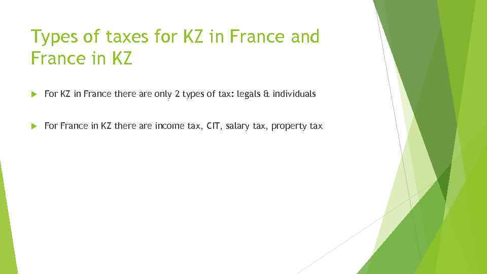 Types of taxes for KZ in France and France in KZ For KZ in