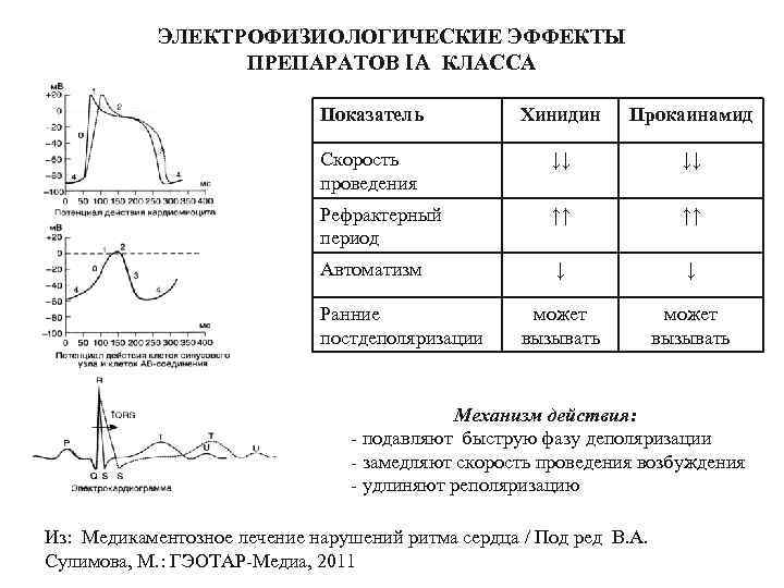 ЭЛЕКТРОФИЗИОЛОГИЧЕСКИЕ ЭФФЕКТЫ ПРЕПАРАТОВ IA КЛАССА Показатель Хинидин Прокаинамид Скорость проведения ↓↓ ↓↓ Рефрактерный период