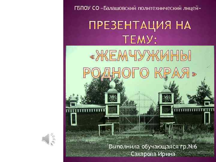 ГБПОУ СО «Балашовский политехнический лицей» Выполнила обучающаяся гр. № 6 Сахарова Ирина 