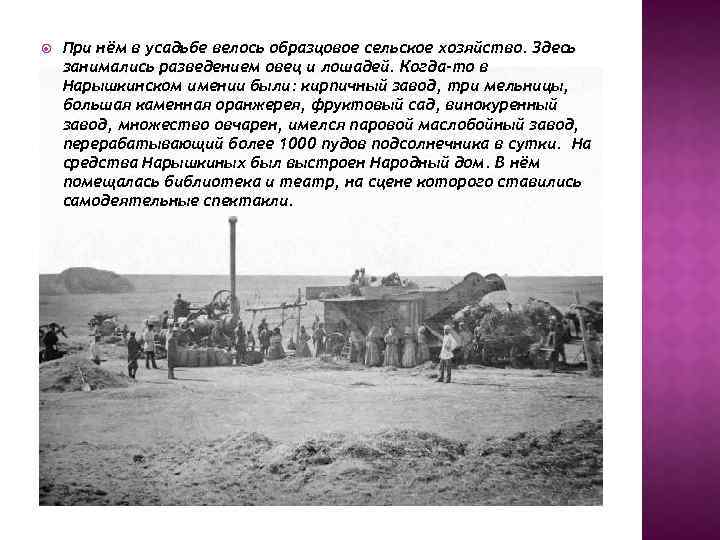  При нём в усадьбе велось образцовое сельское хозяйство. Здесь занимались разведением овец и