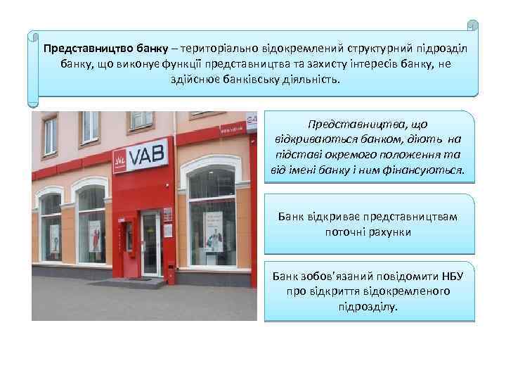 Представництво банку – територіально відокремлений структурний підрозділ банку, що виконує функції представництва та захисту