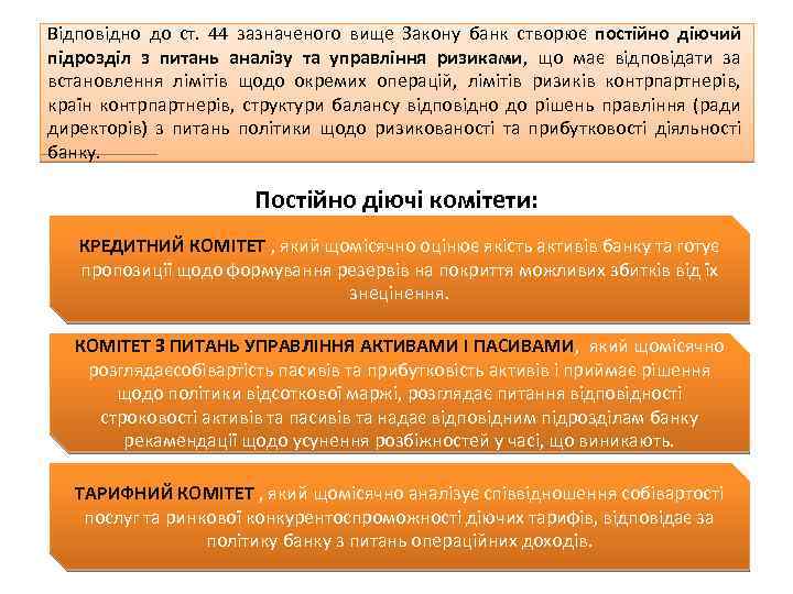 Відповідно до ст. 44 зазначеного вище Закону банк створює постійно діючий підрозділ з питань