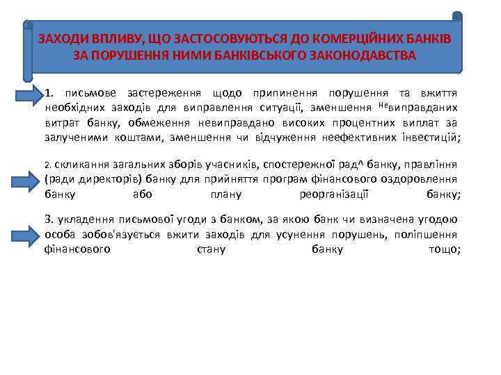 ЗАХОДИ ВПЛИВУ, ЩО ЗАСТОСОВУЮТЬСЯ ДО КОМЕРЦІЙНИХ БАНКІВ ЗА ПОРУШЕННЯ НИМИ БАНКІВСЬКОГО ЗАКОНОДАВСТВА 1. письмове