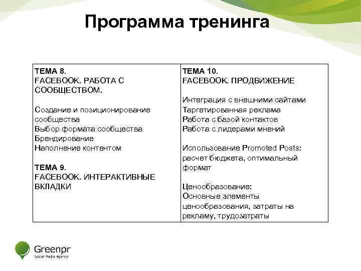 Программа тренинга ТЕМА 8. FACEBOOK. РАБОТА С СООБЩЕСТВОМ. Создание и позиционирование сообщества Выбор формата