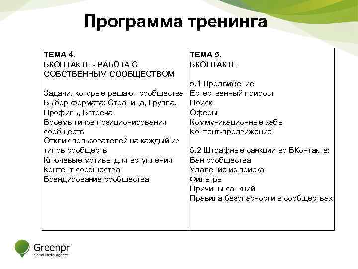 Программа тренинга ТЕМА 4. ВКОНТАКТЕ - РАБОТА С СОБСТВЕННЫМ СООБЩЕСТВОМ ТЕМА 5. ВКОНТАКТЕ 5.