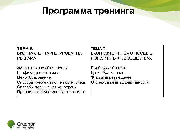 Программа тренинга ТЕМА 6. ВКОНТАКТЕ - ТАРГЕТИРОВАННАЯ РЕКЛАМА ТЕМА 7. ВКОНТАКТЕ - ПРОМО-ПОСЕВ В