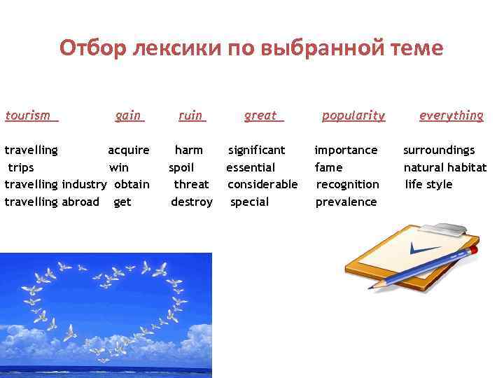 Отбор лексики по выбранной теме tourism gain travelling acquire trips win travelling industry obtain