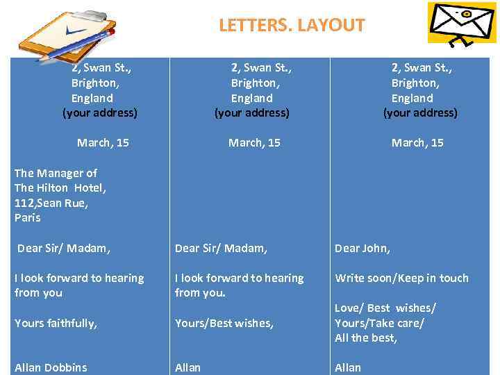  LETTERS. LAYOUT 2, Swan St. , Brighton, England (your address) 2, Swan St.