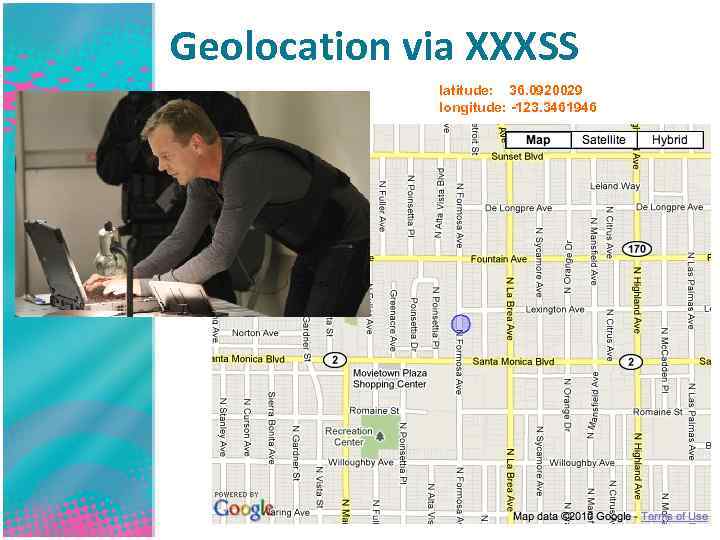 Geolocation via XXXSS latitude: 36. 0920029 longitude: -123. 3461946 
