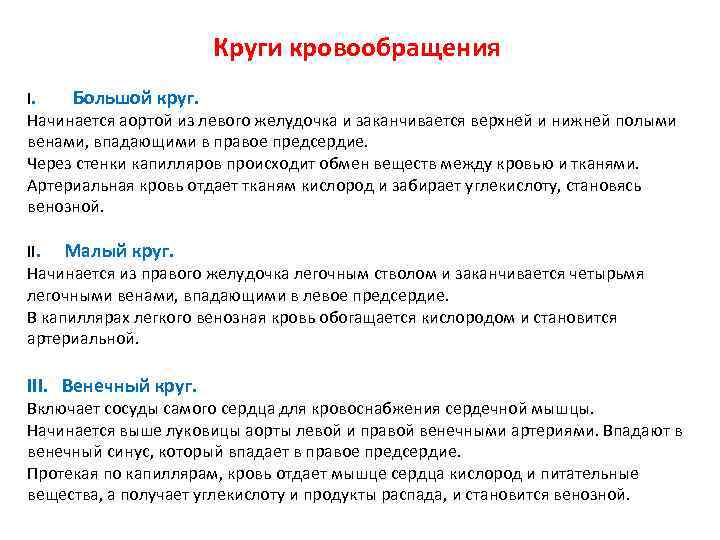 Круги кровообращения I. Большой круг. Начинается аортой из левого желудочка и заканчивается верхней и