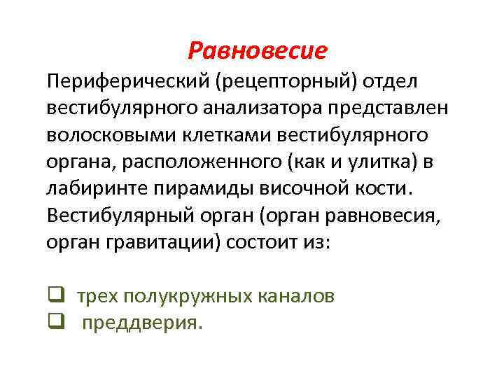 Равновесие Периферический (рецепторный) отдел вестибулярного анализатора представлен волосковыми клетками вестибулярного органа, расположенного (как и