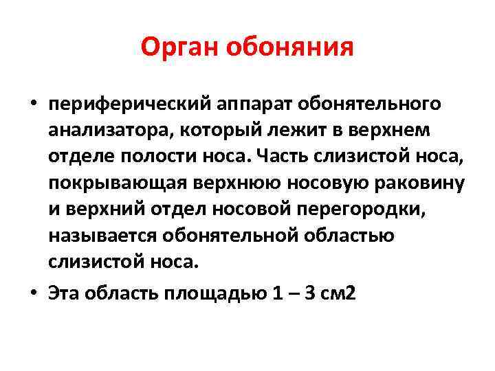 Орган обоняния • периферический аппарат обонятельного анализатора, который лежит в верхнем отделе полости носа.