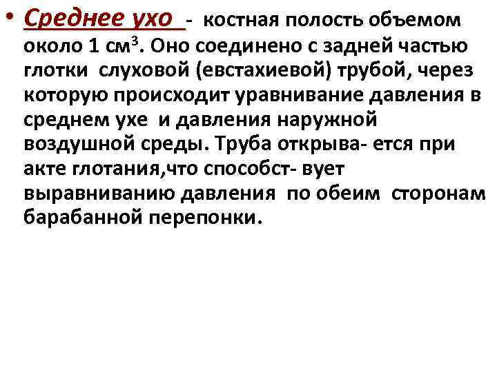  • Среднее ухо - костная полость объемом около 1 см 3. Оно соединено