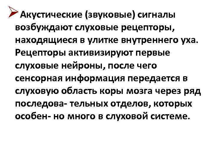 ØАкустические (звуковые) сигналы возбуждают слуховые рецепторы, находящиеся в улитке внутреннего уха. Рецепторы активизируют первые