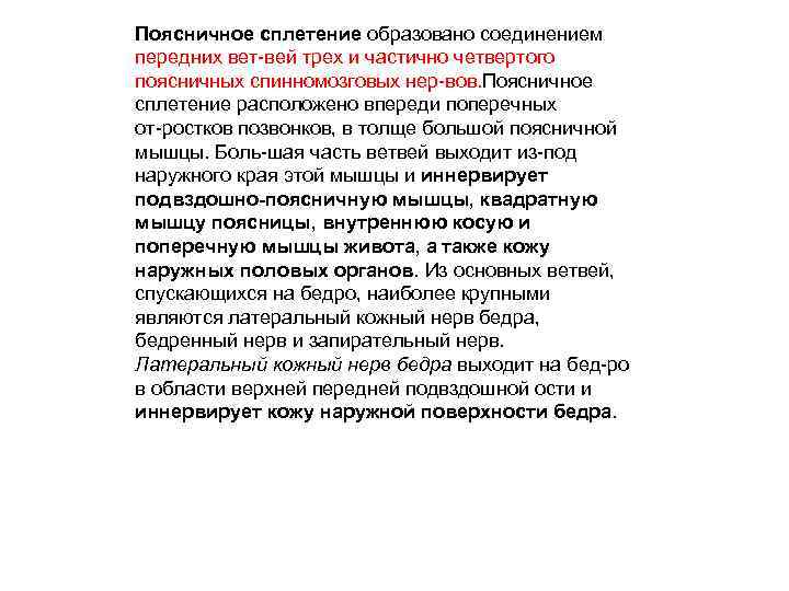 Поясничное сплетение образовано соединением передних вет вей трех и частично четвертого поясничных спинномозговых нер