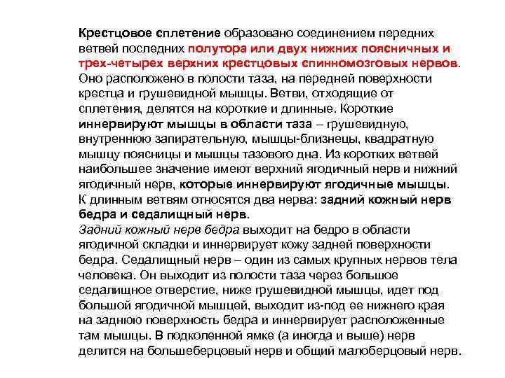 Крестцовое сплетение образовано соединением передних ветвей последних полутора или двух нижних поясничных и трех