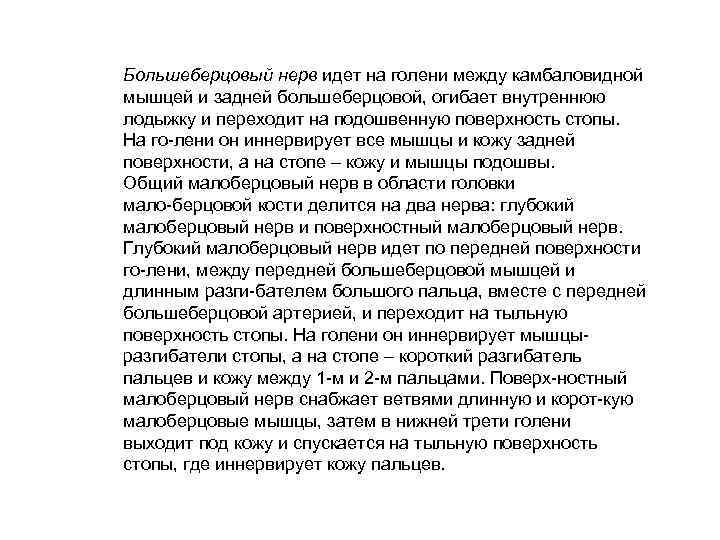 Большеберцовый нерв идет на голени между камбаловидной мышцей и задней большеберцовой, огибает внутреннюю лодыжку