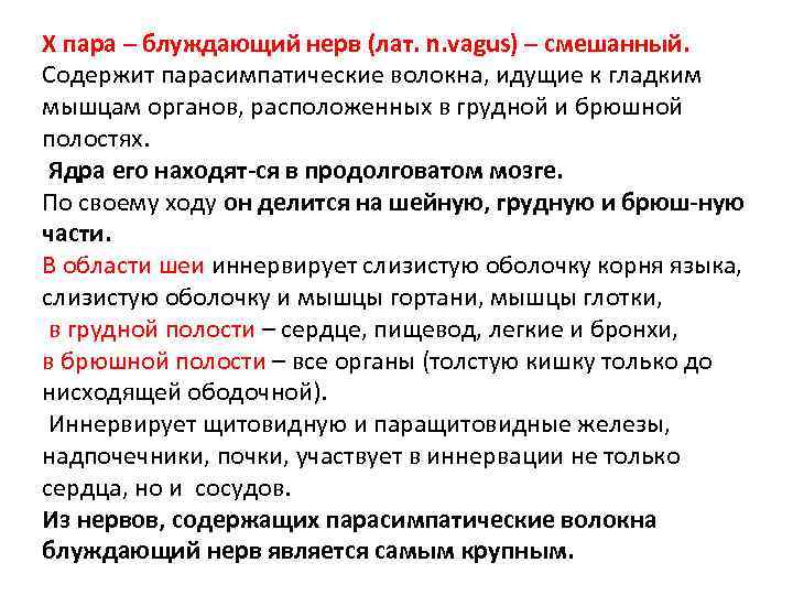 X пара – блуждающий нерв (лат. n. vagus) – смешанный. Содержит парасимпатические волокна, идущие