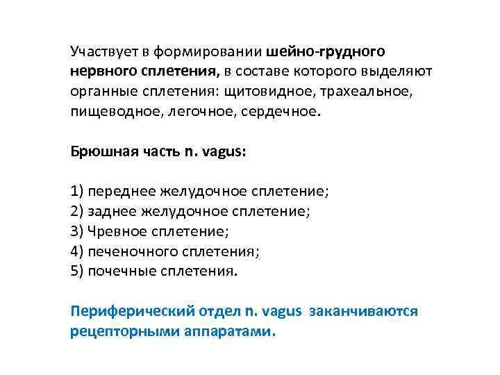 Участвует в формировании шейно грудного нервного сплетения, в составе которого выделяют органные сплетения: щитовидное,