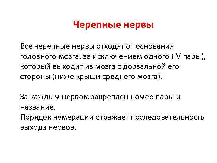 Черепные нервы Все черепные нервы отходят от основания головного мозга, за исключением одного (IV
