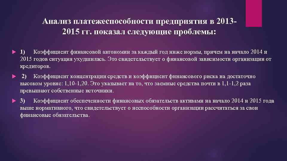 Анализ платежеспособности предприятия в 20132015 гг. показал следующие проблемы: 1) Коэффициент финансовой автономии за