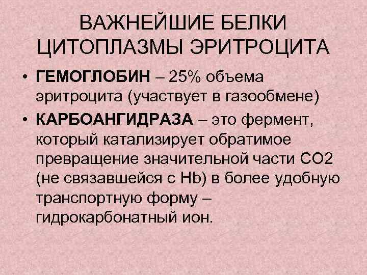 ВАЖНЕЙШИЕ БЕЛКИ ЦИТОПЛАЗМЫ ЭРИТРОЦИТА • ГЕМОГЛОБИН – 25% объема эритроцита (участвует в газообмене) •