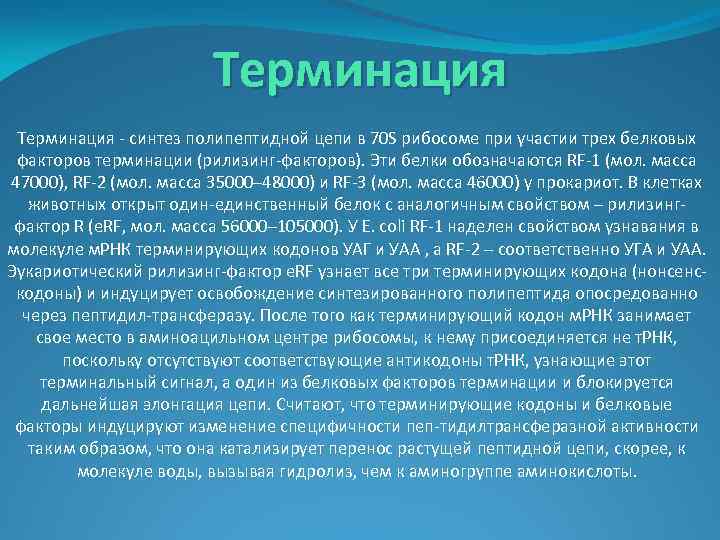 Терминация - синтез полипептидной цепи в 70 S рибосоме при участии трех белковых факторов