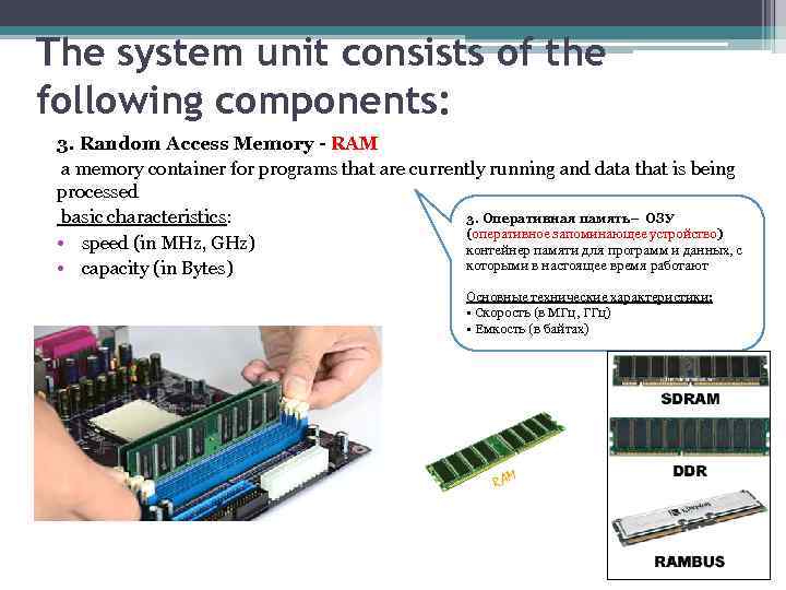 The system unit consists of the following components: 3. Random Access Memory - RAM