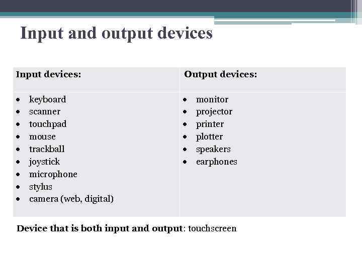 Input and output devices Input devices: keyboard scanner touchpad mouse trackball joystick microphone stylus